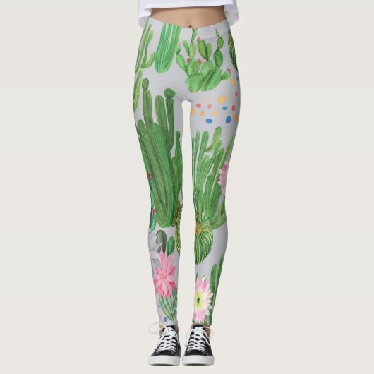 Cactus en bloemetjes, waterverf naadloos schildere leggings (Voorkant)