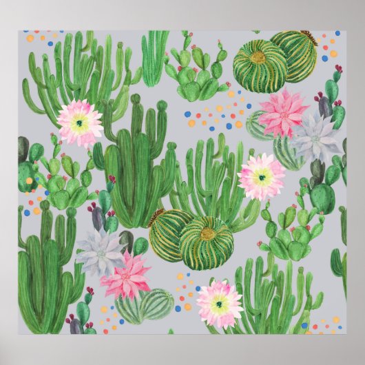 Cactus en bloemetjes, waterverf naadloos schildere poster (Voorkant)