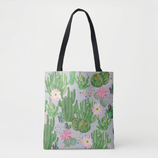 Cactus en bloemetjes, waterverf naadloos schildere tote bag (Voorkant)