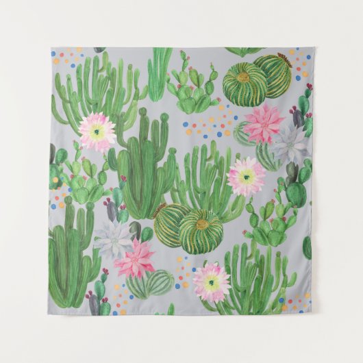 Cactus en bloemetjes, waterverf naadloos schildere wandkleed (Voorkant)