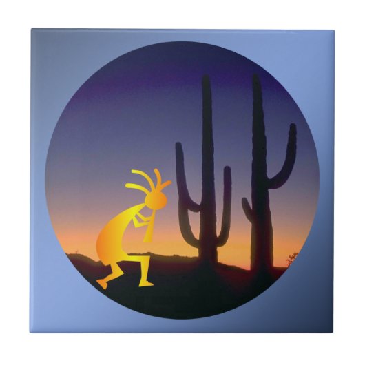 Cactus en Kokopelli Round Tegeltje (Voorkant)