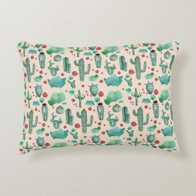 cactus en ladybug patroon - beige achtergrond accent kussen (Voorkant)