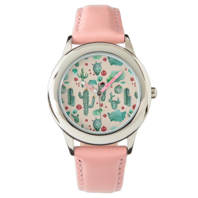 cactus en ladybug patroon - beige achtergrond horloge (Voorkant)