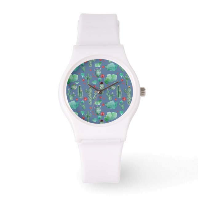 cactus en ladybug - patroon - blauwe achtergrond horloge (Voorkant)