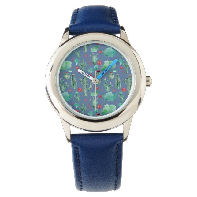 cactus en ladybug - patroon - blauwe achtergrond horloge (Voorkant)