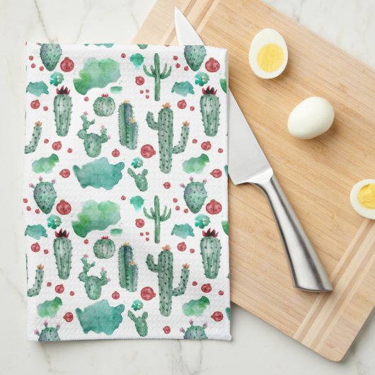 cactus en ladybug patroon - witte achtergrond theedoek (Quarter Fold)