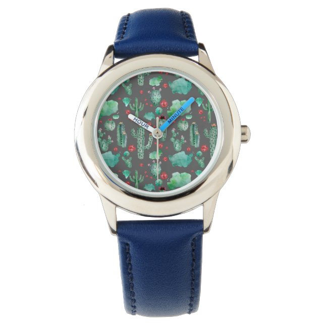 cactus en ladybug patroon - zwarte achtergrond horloge (Voorkant)