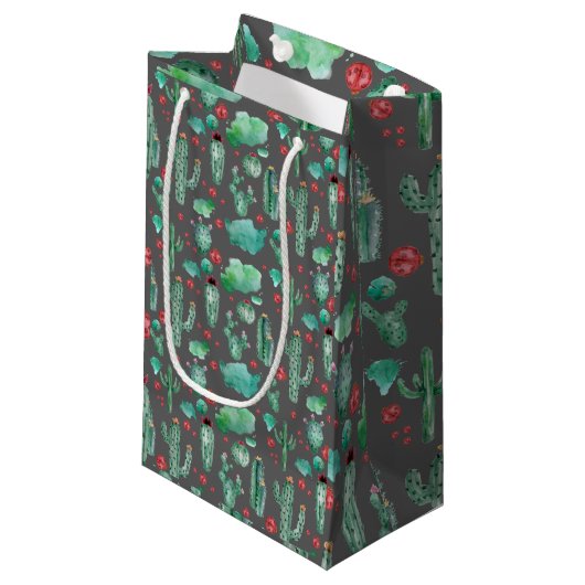 cactus en ladybug patroon - zwarte achtergrond klein cadeauzakje (Voorkant Gekanteld)