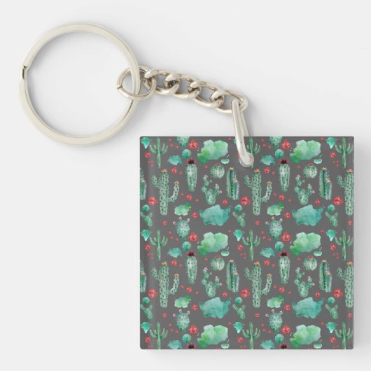 cactus en ladybug patroon - zwarte achtergrond sleutelhanger (voorkant)