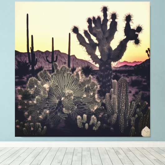 Cactus en palmbomen die in harmonie naast elkaar b canvas afdruk (Insitu (Houten vloer))