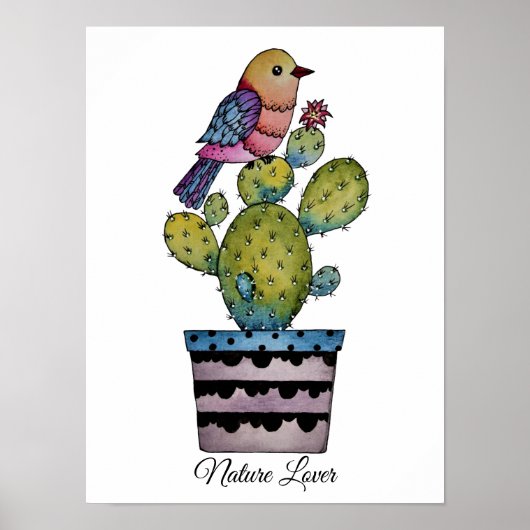 Cactus en regenboogvogel in Waterverf Poster (Voorkant)