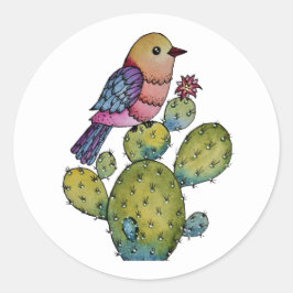 Cactus en regenboogvogel in Waterverf Ronde Sticker