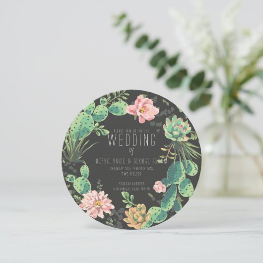 Cactus en succulente uitnodigingen, krans bruiloft kaart (Staand voorkant)