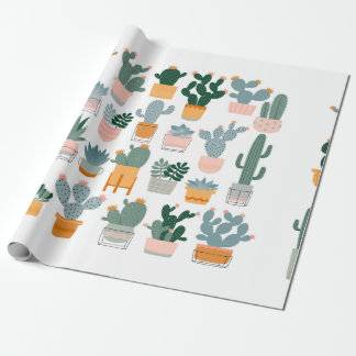 Cactus en succulenten in potten op witte achtergro cadeaupapier