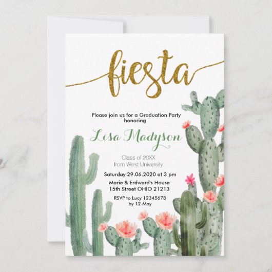 Cactus Fiesta Afstuderen Invitation Party Mexicaan Kaart (Voorkant)