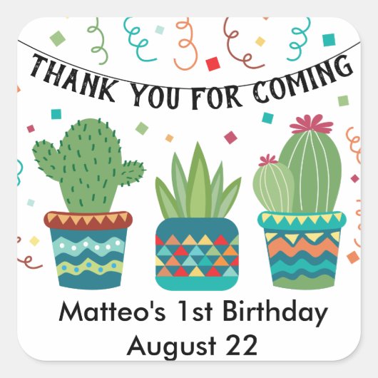 Cactus Fiesta Birthday eerste jaar Vierkante Sticker (Voorkant)