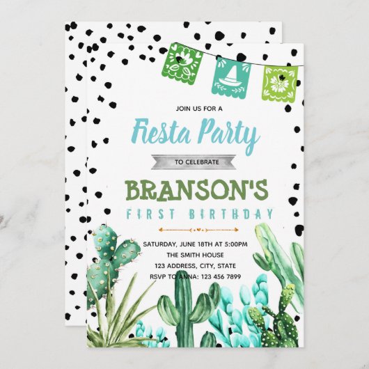 Cactus fiesta boy baby verjaardagsuitnodiging kaart (Voorkant / Achterkant)