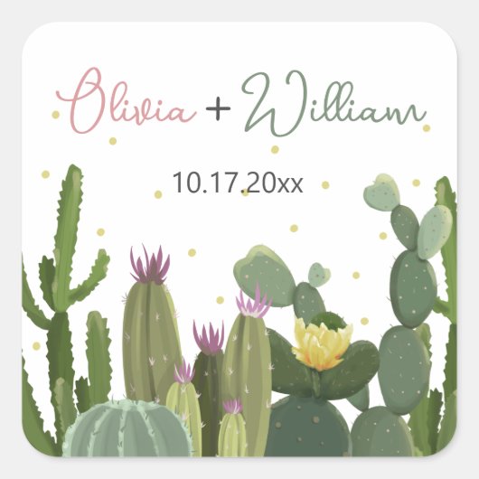 Cactus Fiesta Bruiloft Vierkante Sticker (Voorkant)