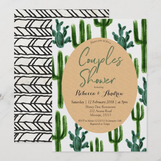 Cactus Fiesta Couples Shower Invitation Green Kaart (Voorkant / Achterkant)