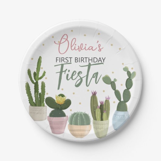 Cactus Fiesta First Birthday Papieren Bordje (Voorkant)