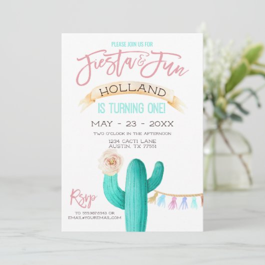 Cactus First Birthday Waterverf Mint Coral Kaart (Staand voorkant)