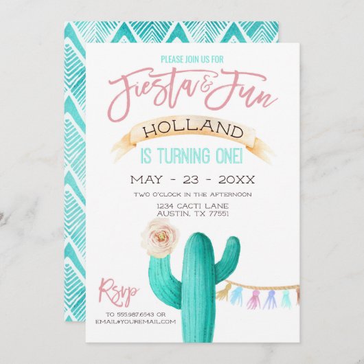 Cactus First Birthday Waterverf Mint Coral Kaart (Voorkant / Achterkant)