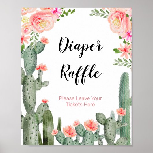 Cactus Floral Baby shower Waterverf Diaper Raffle Poster (Voorkant)