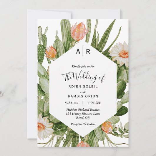 Cactus Floral Desert Monogram Weddenschap Kaart (Voorkant)