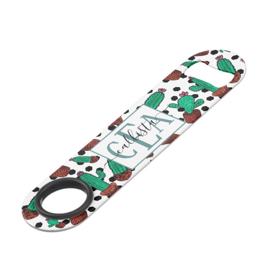 Cactus Floral Hexagon Pattern Waterverf Monogram Speed Flessenopener (Voorkant Gekanteld)
