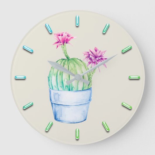 Cactus Floral Pink Aqua Waterverf Mint IVORY Grote Klok (Voorkant)