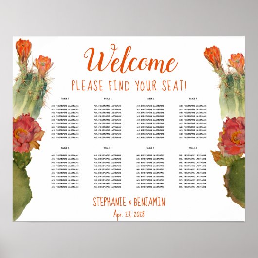 Cactus Flower 8 Table Floral Wedding Seating Chart Poster (Voorkant)