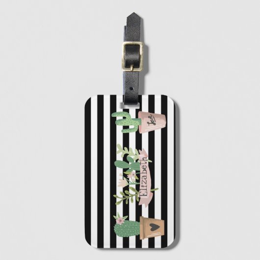 Cactus Flower Black White Stripes Bagagelabel (Voorkant (verticaal))