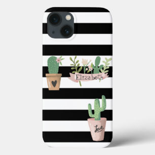 Cactus Flower Black White Stripes Case-Mate iPhone Case