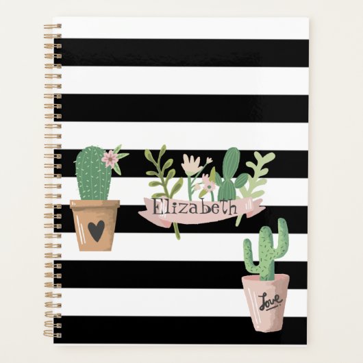 Cactus Flower Black White Stripes Planner (Voorkant)