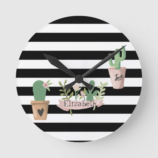 Cactus Flower Black White Stripes  Ronde Klok (Voorkant)
