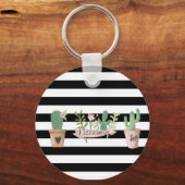 Cactus Flower Black White Stripes Sleutelhanger (Voorkant)