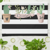 Cactus Flower Black White Stripes Theedoek (Gevouwen)