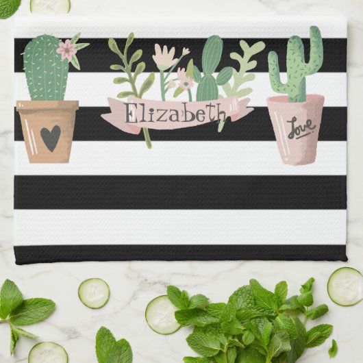 Cactus Flower Black White Stripes Theedoek (Gevouwen)