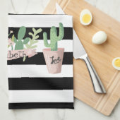 Cactus Flower Black White Stripes Theedoek (Quarter Fold)