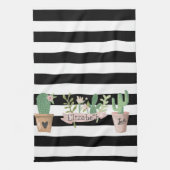 Cactus Flower Black White Stripes Theedoek (Verticaal)