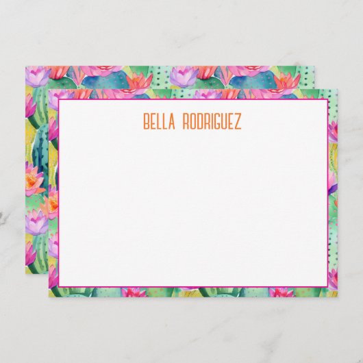 Cactus Flower Waterverven NAAM Desert Kleurrijk Notitiekaartje (Voorkant / Achterkant)