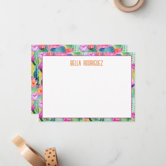 Cactus Flower Waterverven NAAM Desert Kleurrijk Notitiekaartje (Voorkant / Achterkant in situ)