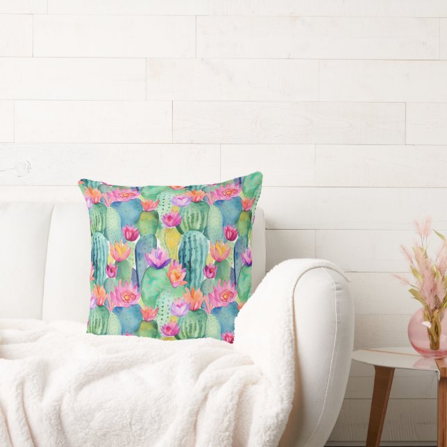 Cactus Flowers Waterverf Art Desert Kleurrijk Plez Kussen (Bank)