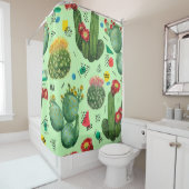 Cactus Flowers: Waterverf geometrische achtergrond Douchegordijn (In situ)