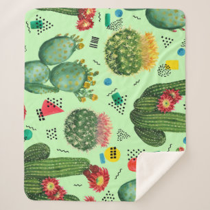 Cactus Flowers: Waterverf geometrische achtergrond Sherpa Deken