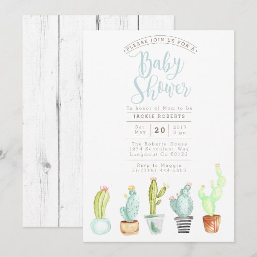 Cactus Garden | Waterverf Baby shower Uitnodigen Kaart (Voorkant / Achterkant)