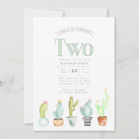 Cactus Garden | Waterverf Eerste Verjaardag Uitnod Kaart (Voorkant)