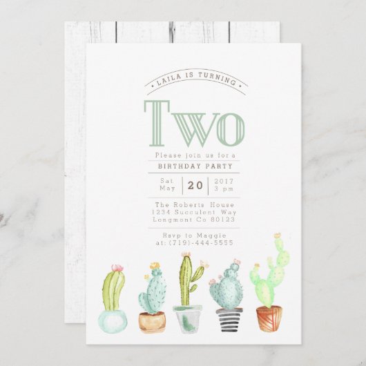 Cactus Garden | Waterverf Eerste Verjaardag Uitnod Kaart (Voorkant / Achterkant)