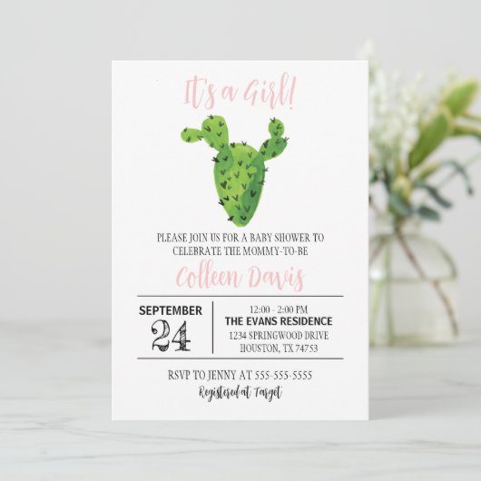 Cactus Girl Baby shower Invitation Kaart (Staand voorkant)