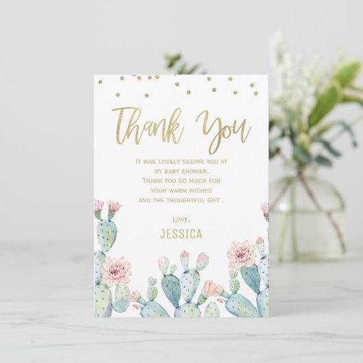 Cactus Gold Calligraphy Baby shower Hartelijk dank Kaart (Staand voorkant)